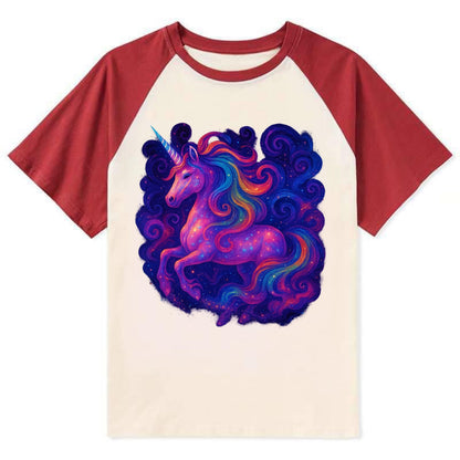 Magical unicorn with flowing rainbow gradient mane, iridescent horn with - Contrast Raglan T-shirt - Red