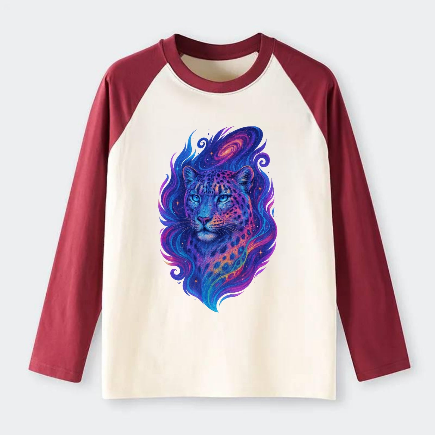 Majestic snow leopard with rainbow gradient spots, crystalline flowing - Raglan Long Sleeve T-Shirt - Red