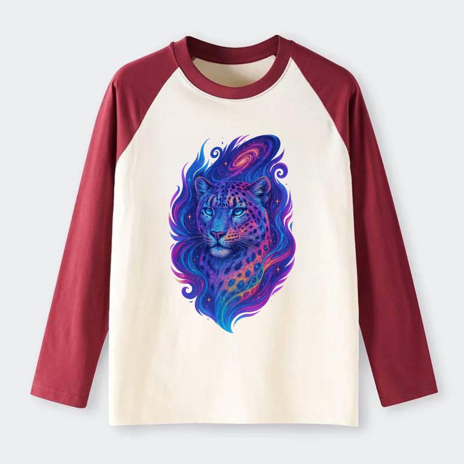 Majestic snow leopard with rainbow gradient spots, crystalline flowing - Raglan Long Sleeve T-Shirt - Red
