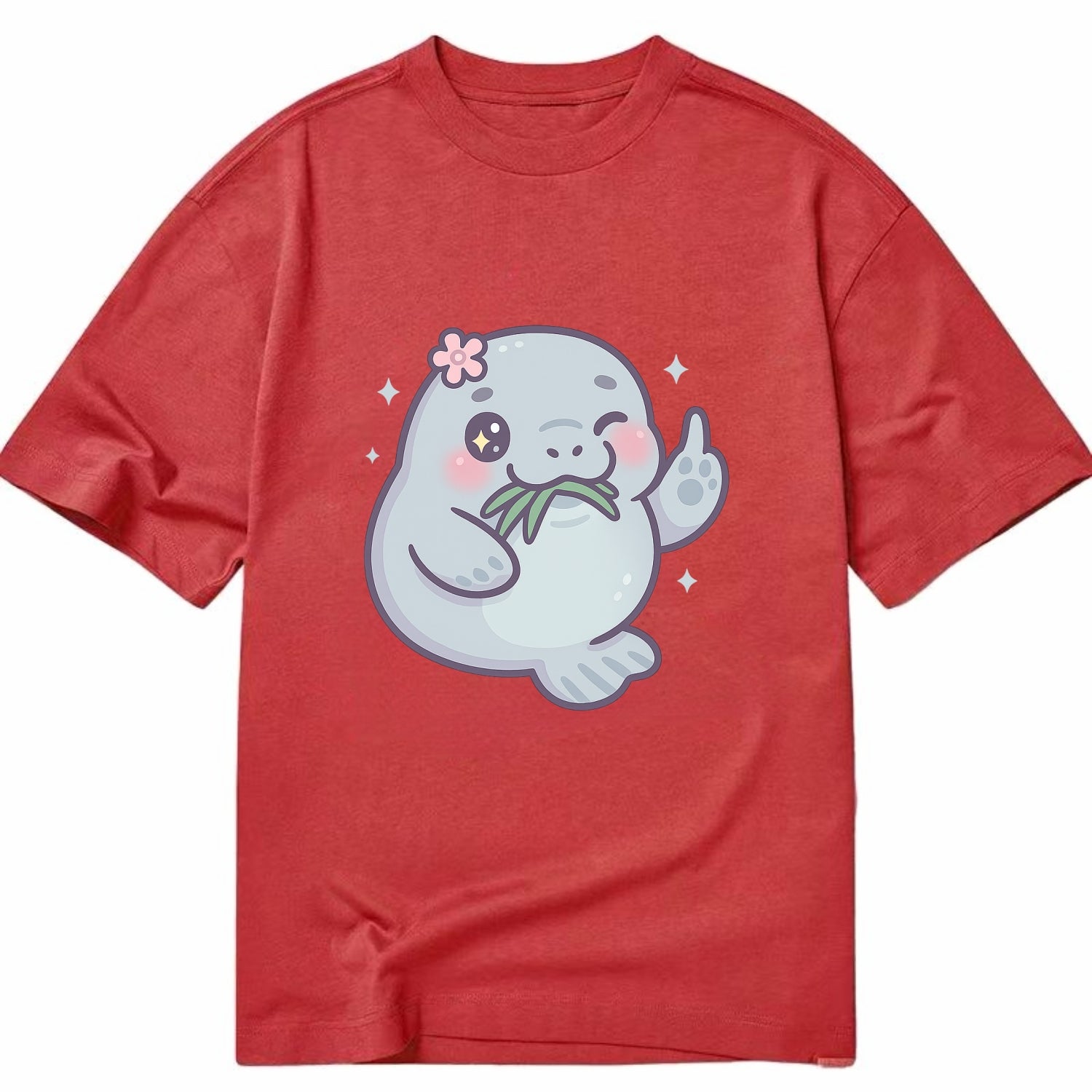 chubby manatee munching on seagrass, one flipper raised with sass - Classic T-shirt - Red