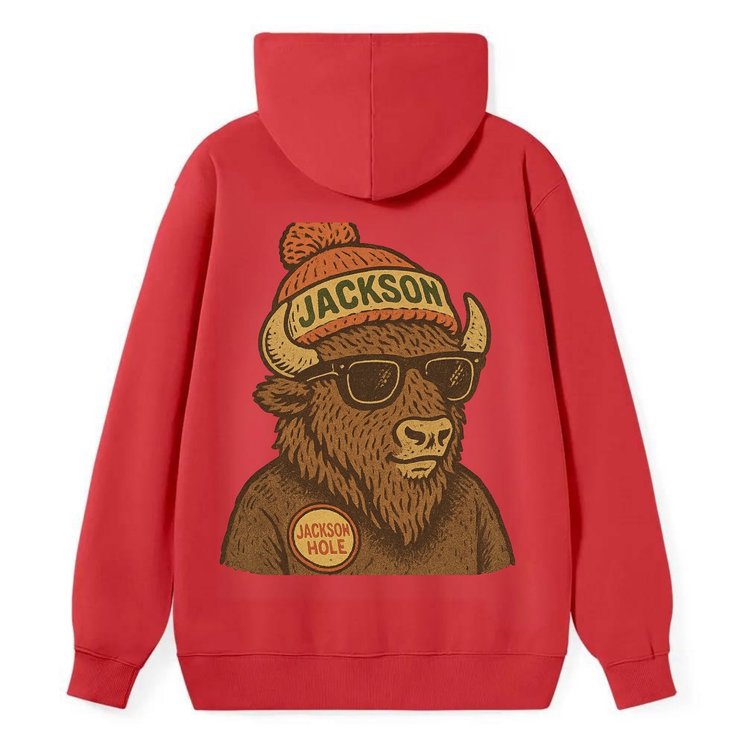 Jackson Hole Bison wearing Jackson beanie with pom pom and wayfarer - Classic Pullover Hoodie - Red