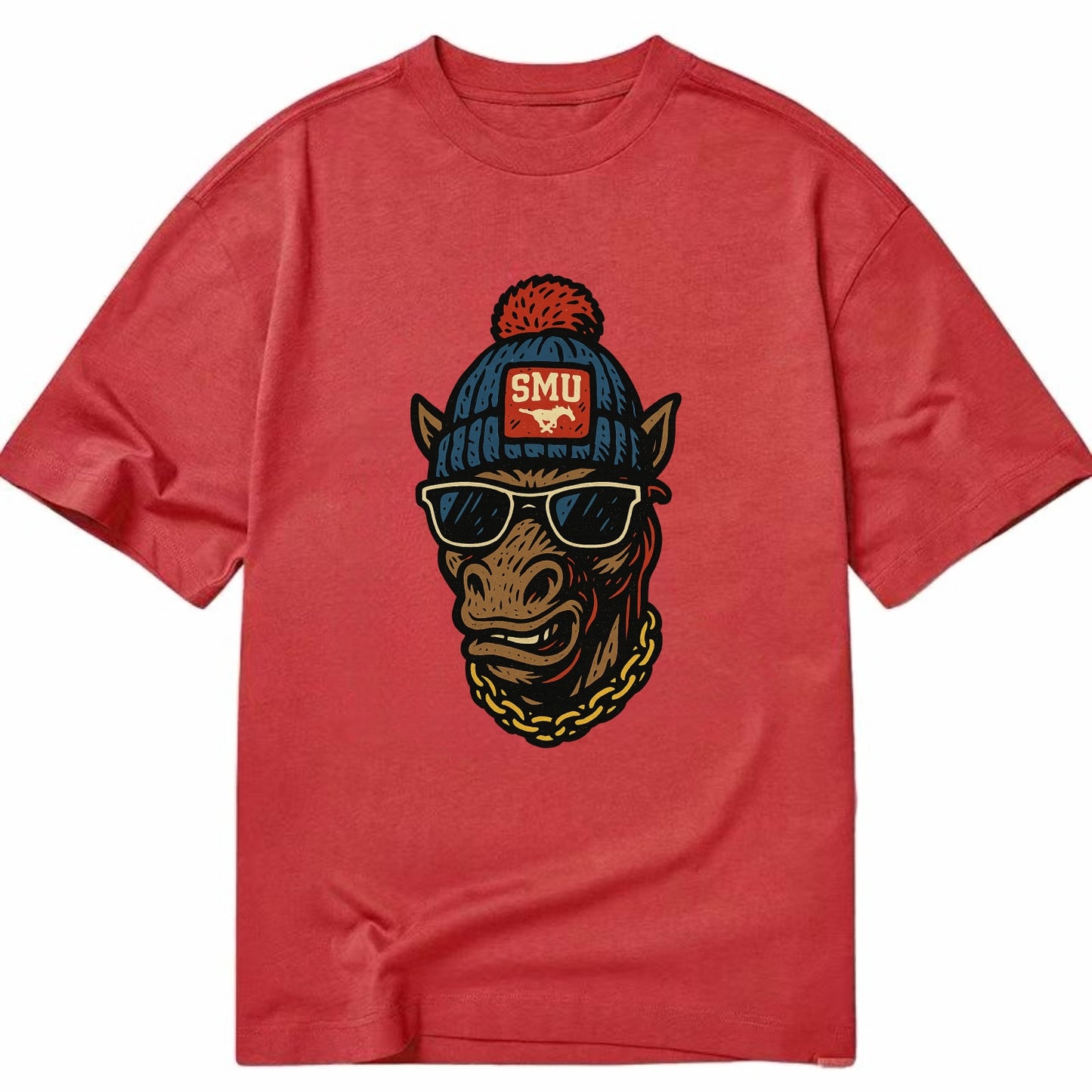 Dallas Mustang wearing SMU beanie with pony patch - Classic T-shirt - Red