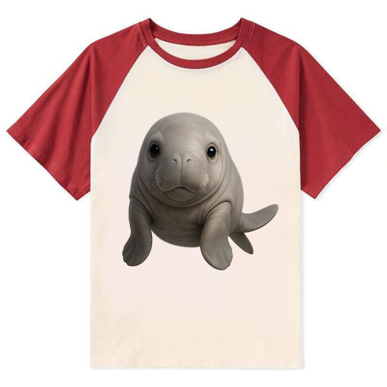 Baby Dugong - gray with paddle tail, gentle expression, whiskers, - Contrast Raglan T-shirt - Red