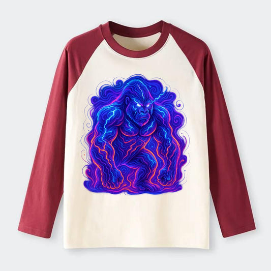 Mighty gorilla with electricity flowing through defined muscles, - Raglan Long Sleeve T-Shirt - Red