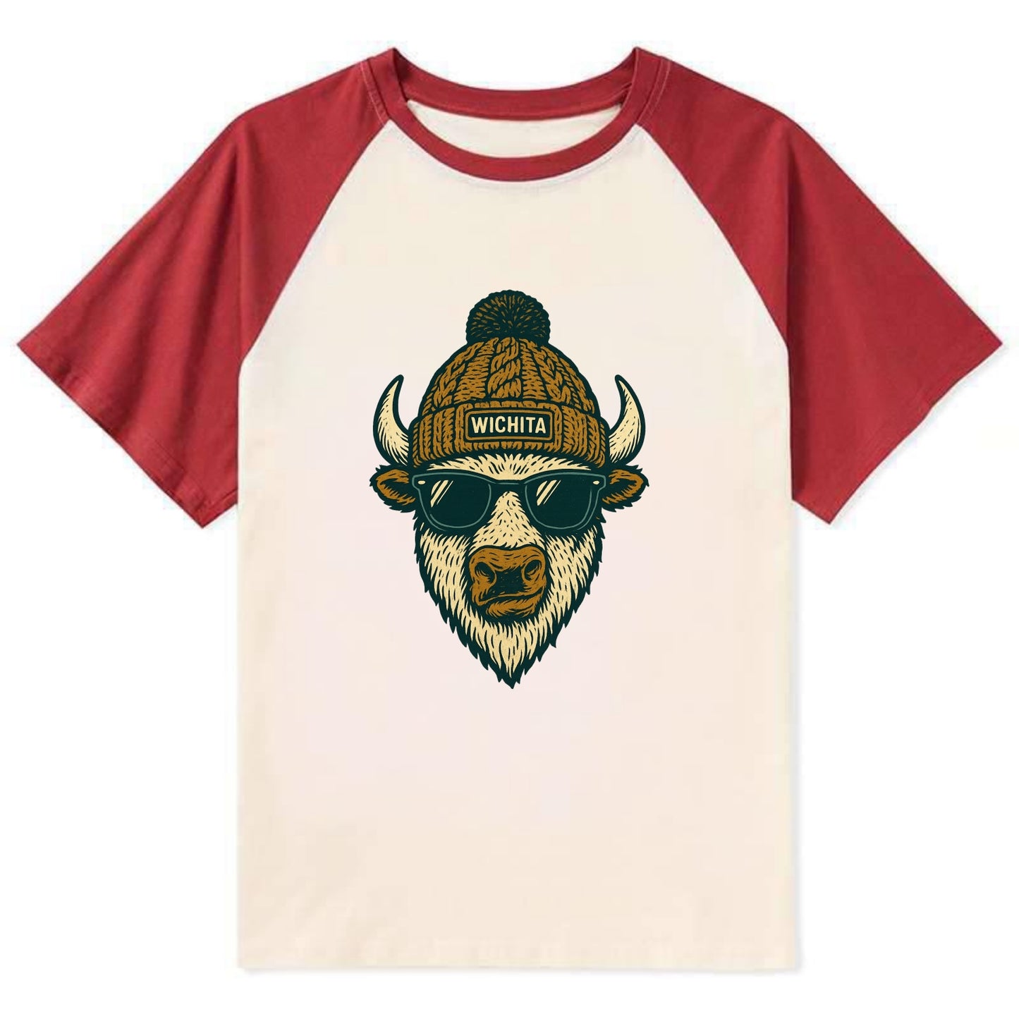 Kansas American Bison wearing Wichita beanie with pom pom and wayfarer - Contrast Raglan T-shirt - Red
