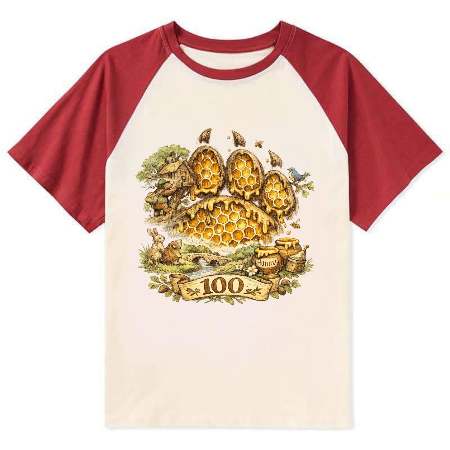 HONEY PAW | Bear paw print filled with honeycomb | Sticky evidence | - Contrast Raglan T-shirt - Red