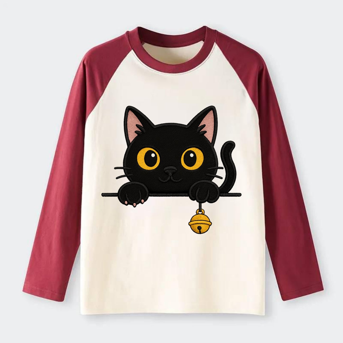 Midnight the black cat leaning sideways with chin resting on left paw. - Raglan Long Sleeve T-Shirt - Red