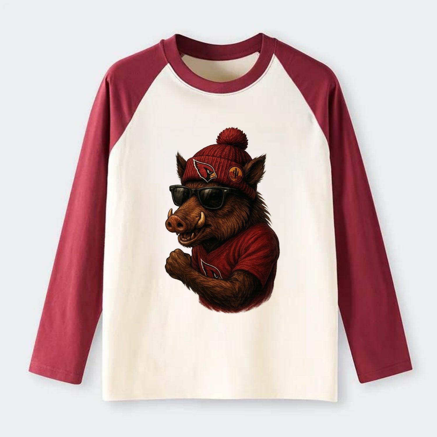 Arizona Javelina wearing Cardinals beanie with desert patch and - Raglan Long Sleeve T-Shirt - Red