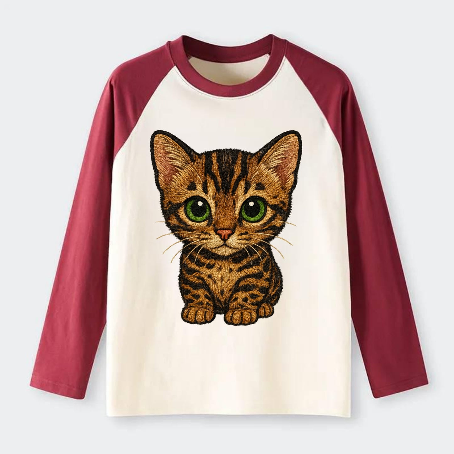 Baby Bengal Kitten - spotted/marbled wild coat, green eyes, athletic - Raglan Long Sleeve T-Shirt - Red