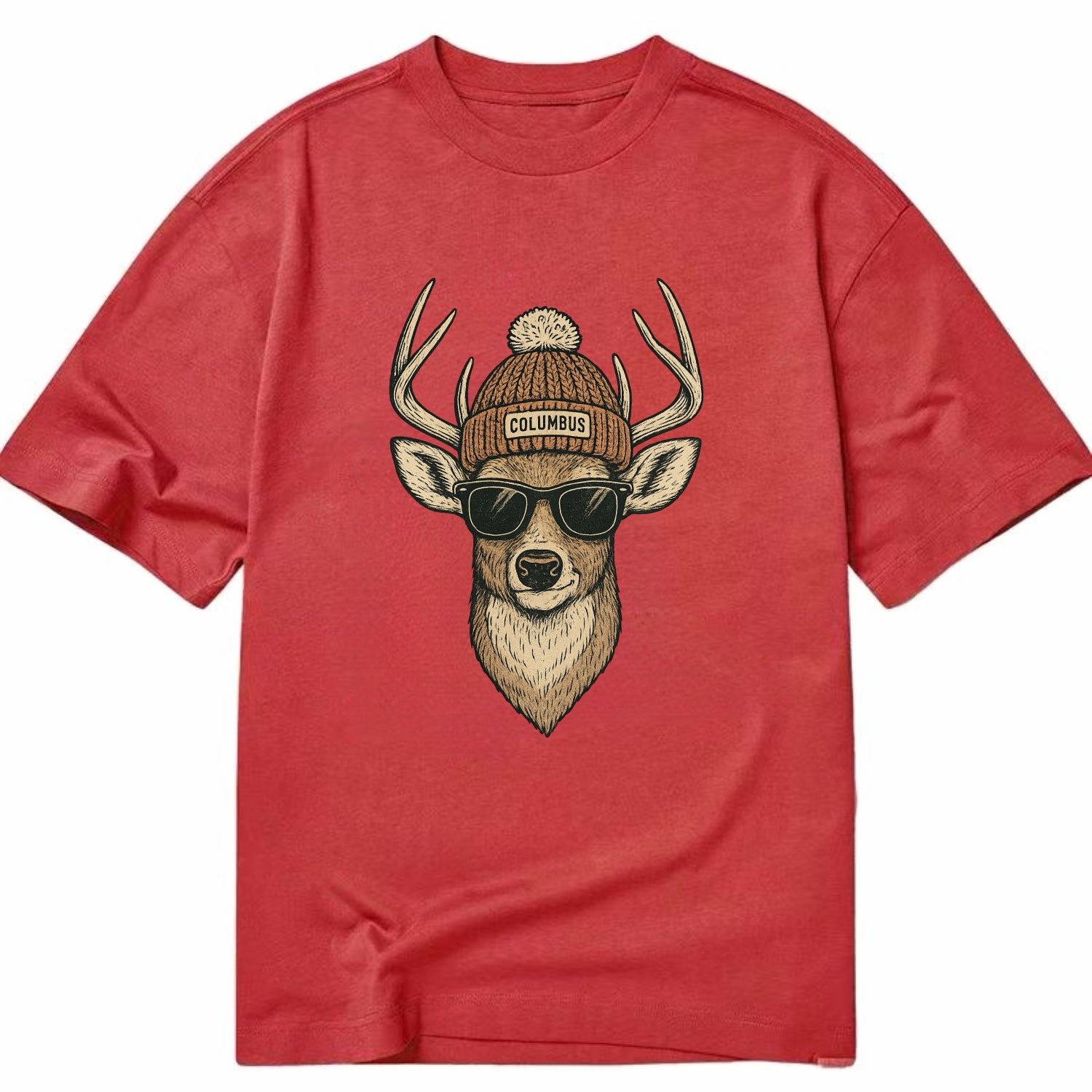 Ohio White-tailed Deer wearing Columbus beanie with pom pom and wayfarer - Classic T-shirt - Red