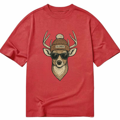 Ohio White-tailed Deer wearing Columbus beanie with pom pom and wayfarer - Classic T-shirt - Red