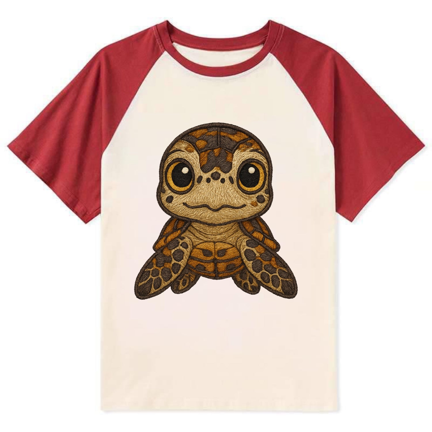 Baby Hawksbill Turtle - amber and brown shell pattern, curious golden - Contrast Raglan T-shirt - Red