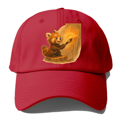 Red panda painting a sunrise mural with an oversized calligraphy brush on a cliff - Baseball Cap