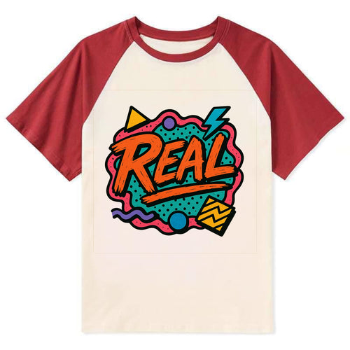 Imperfect brush strokes spelling Real - authenticity over perfection, - Contrast Raglan T-shirt