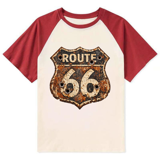 WEATHERED MARKER | Rust-aged Route 66 sign | Desert sun-bleached | Bullet - Contrast Raglan T-shirt - Red