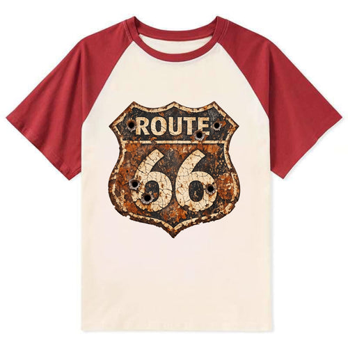 WEATHERED MARKER | Rust-aged Route 66 sign | Desert sun-bleached | Bullet - Contrast Raglan T-shirt
