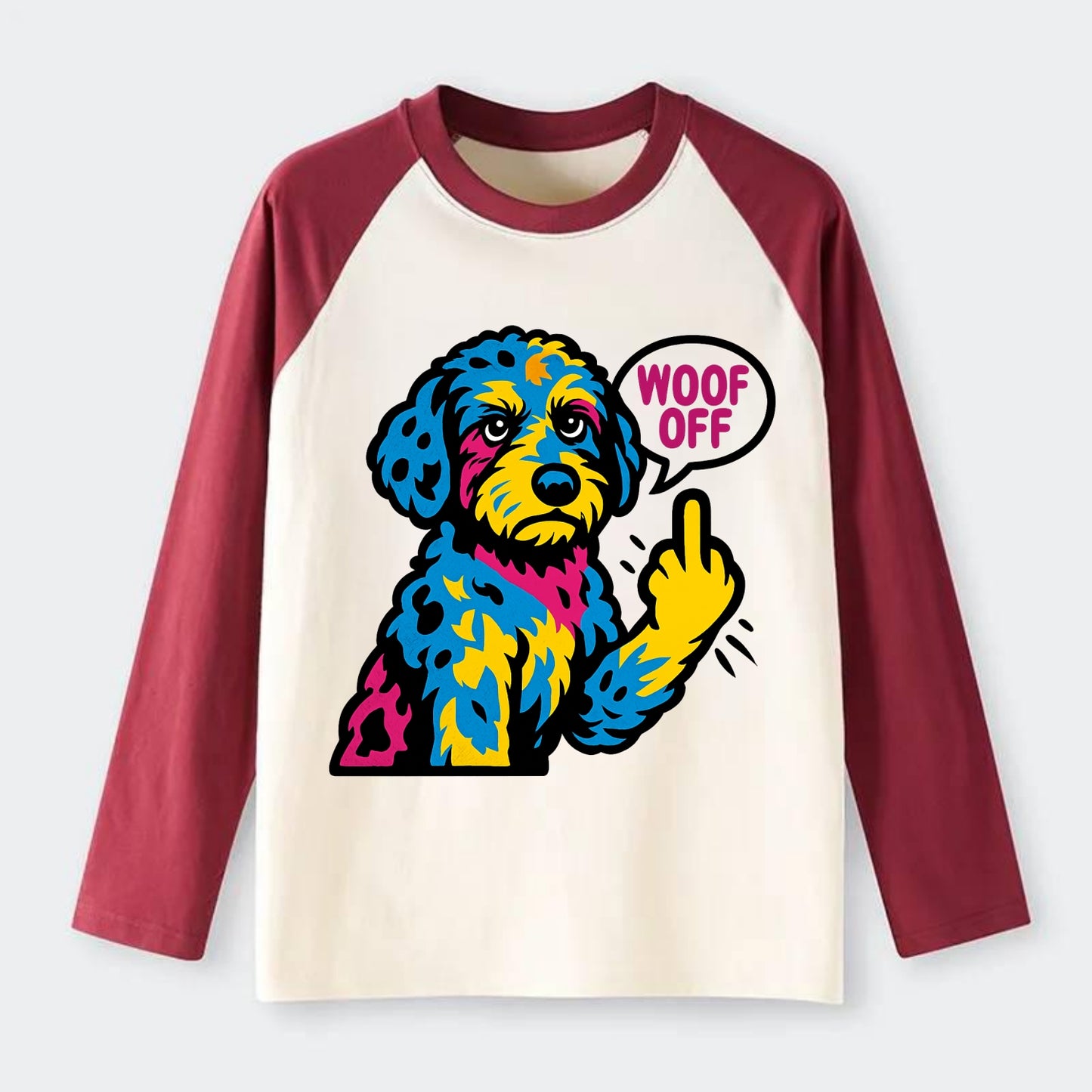 Aussiedoodle with merle patches and curly coat, playful smart paw - Raglan Long Sleeve T-Shirt - Red