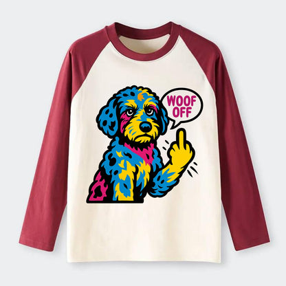 Aussiedoodle with merle patches and curly coat, playful smart paw - Raglan Long Sleeve T-Shirt - Red