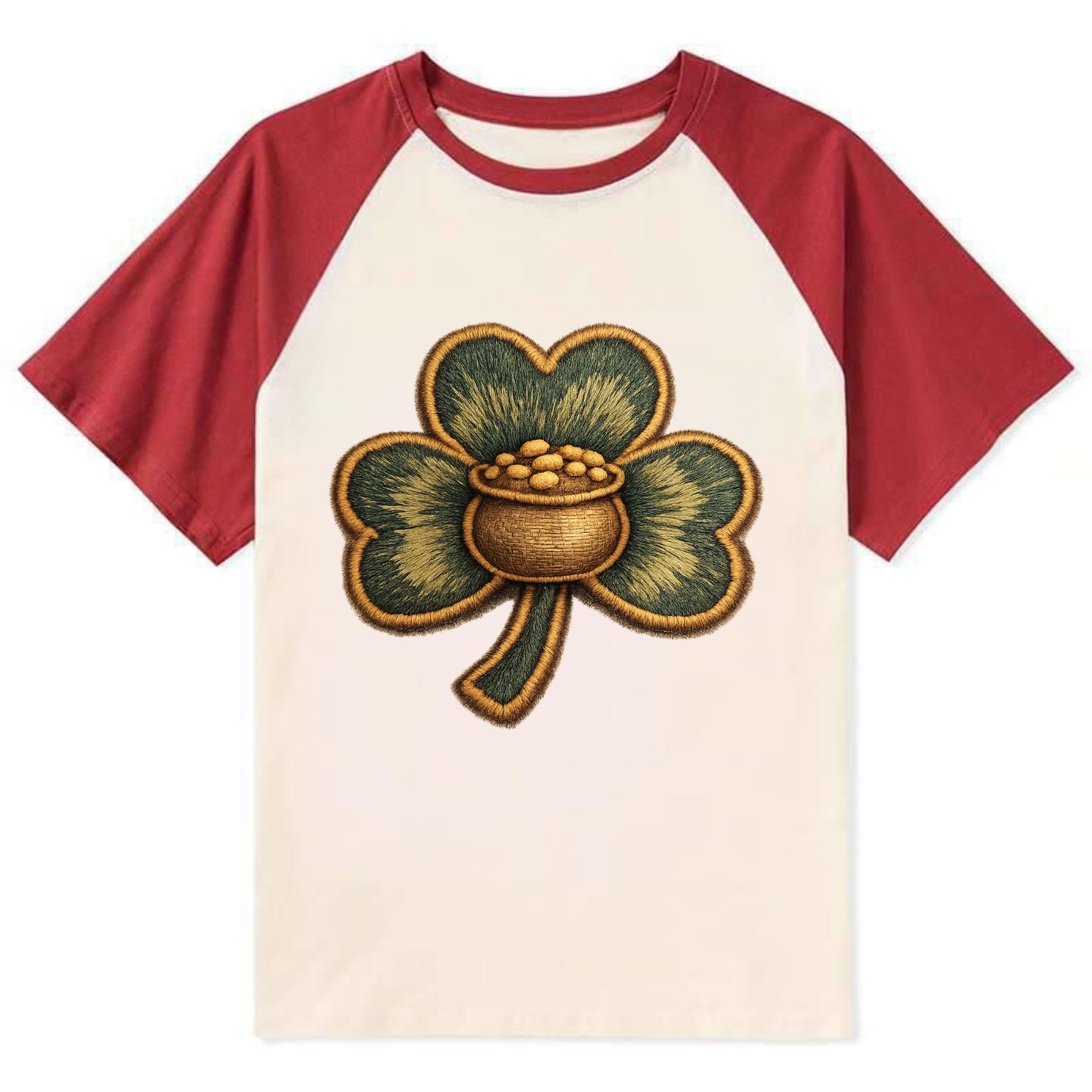 ST PATRICKS CLOVER - lucky clover with gold in green and gold , Irish luck - Contrast Raglan T-shirt - Red