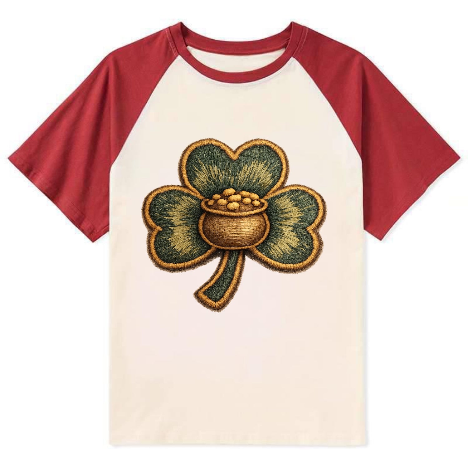 ST PATRICKS CLOVER - lucky clover with gold in green and gold , Irish luck - Contrast Raglan T-shirt - Red