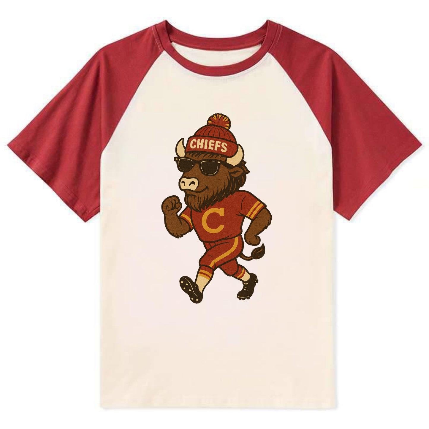KC Bison wearing Chiefs beanie with arrowhead patch and wayfarer - Contrast Raglan T-shirt - Red