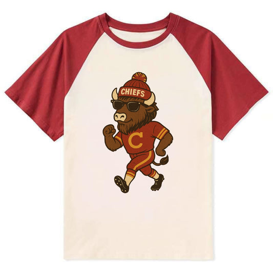KC Bison wearing Chiefs beanie with arrowhead patch and wayfarer - Contrast Raglan T-shirt - Red