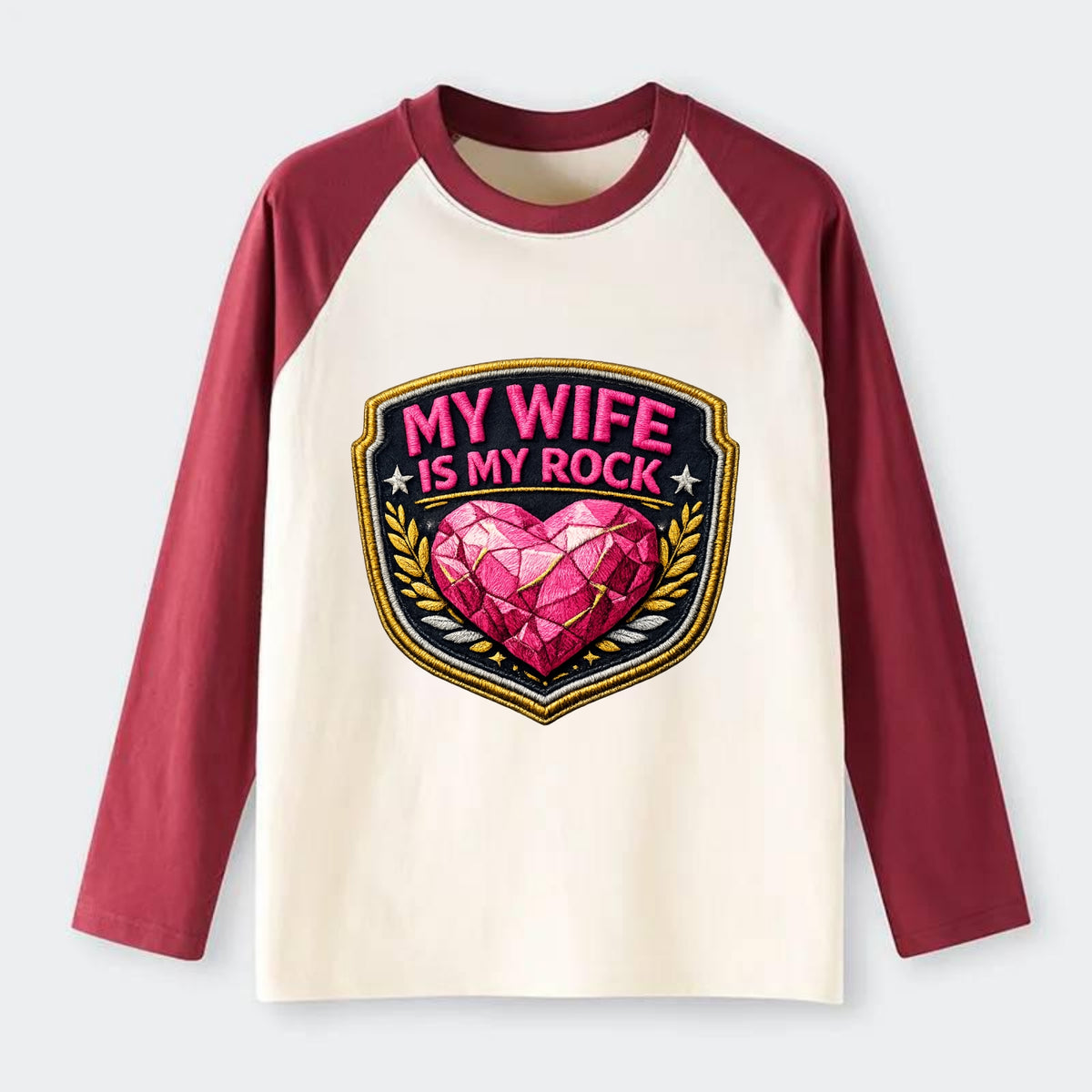 MY WIFE IS MY ROCK - pink rock heart - pink - solid wife - Raglan Long Sleeve T-Shirt - Red