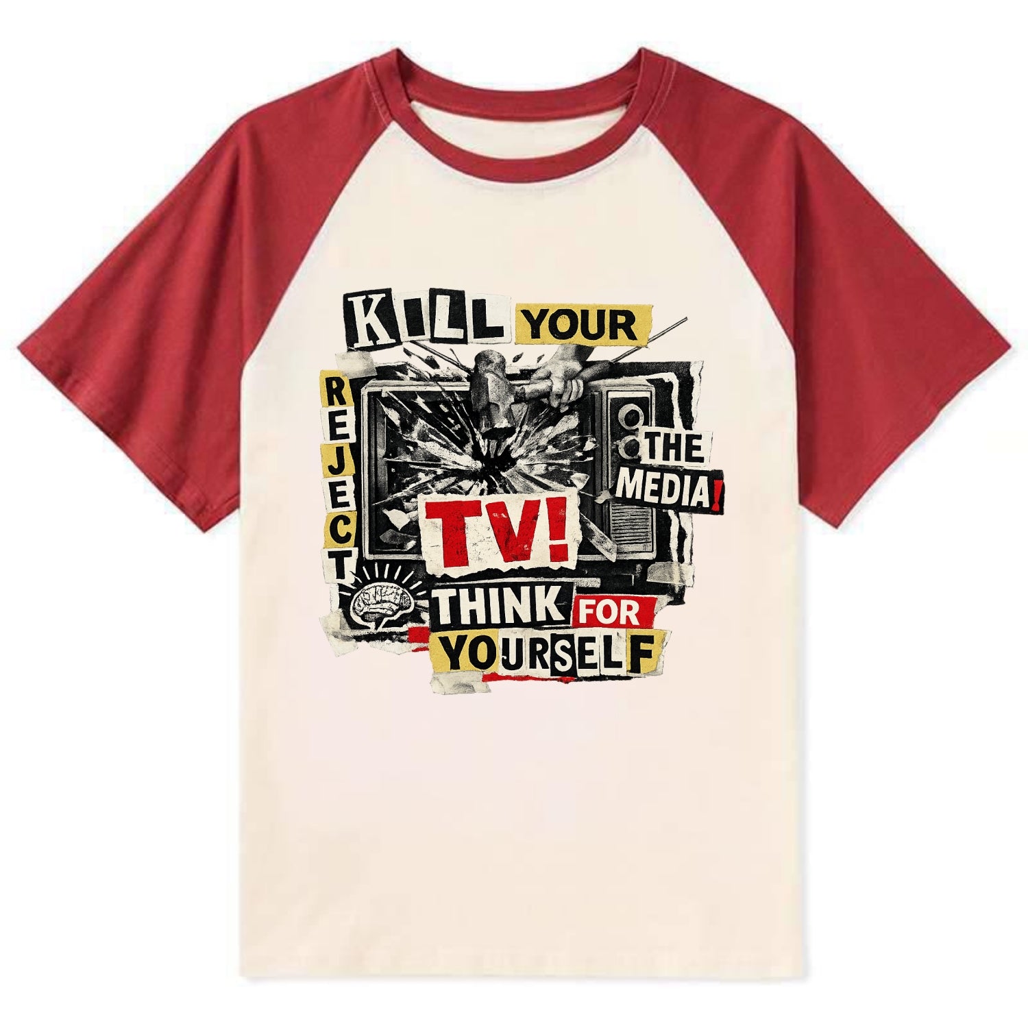 KILL YOUR TV | Smashed television | Reject media | Think for yourself | - Contrast Raglan T-shirt - Red