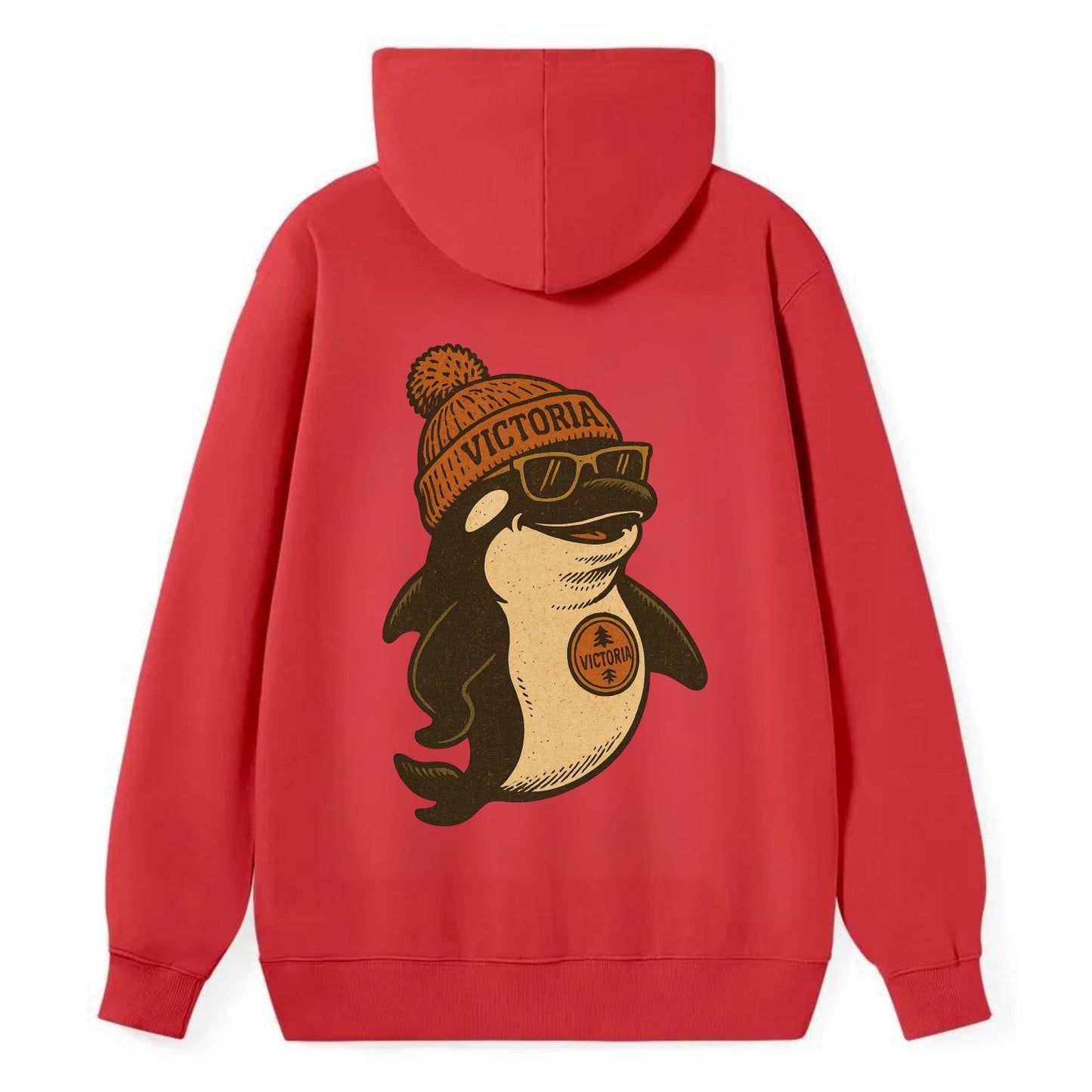 Victoria Orca wearing Victoria beanie with pom pom and wayfarer sunglasses - Classic Pullover Hoodie - Red