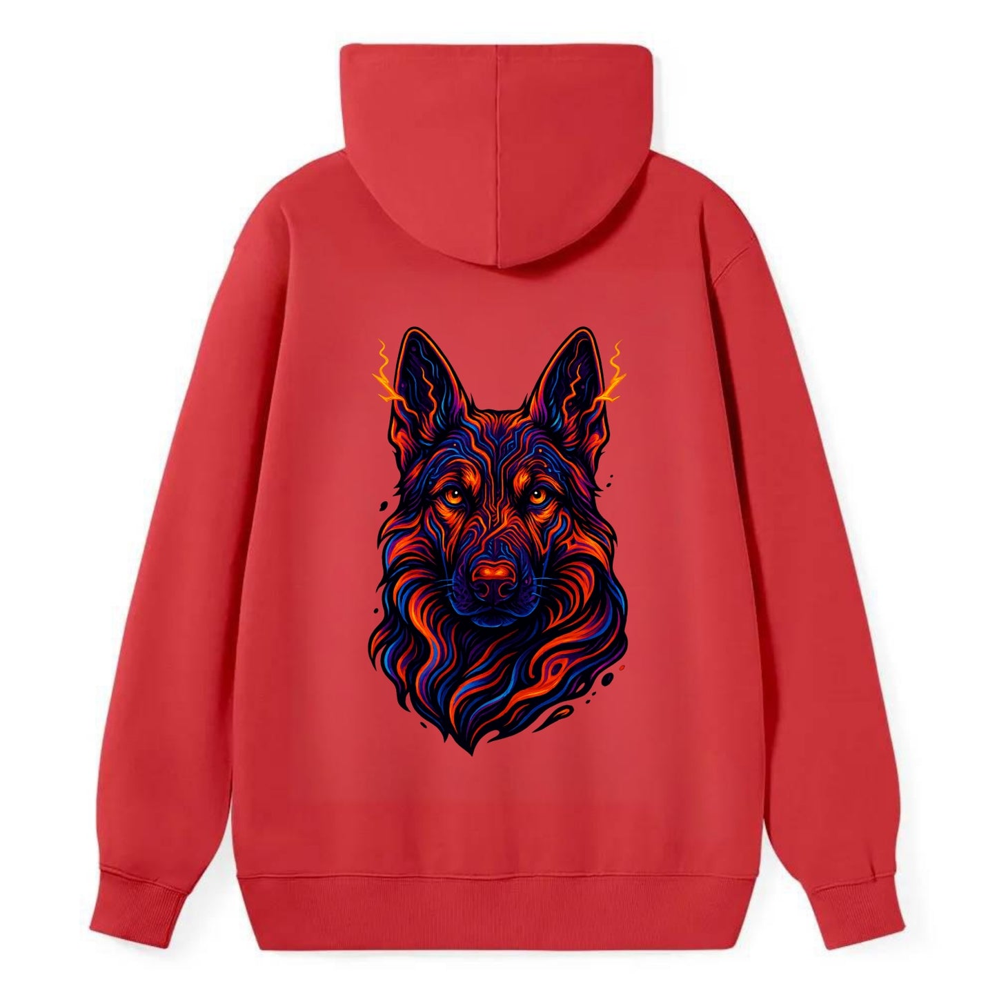 Alert German Shepherd with cyber circuit patterns in the fur, neon orange - Classic Pullover Hoodie - Red