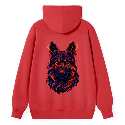 Alert German Shepherd with cyber circuit patterns in the fur, neon orange - Classic Pullover Hoodie - Red