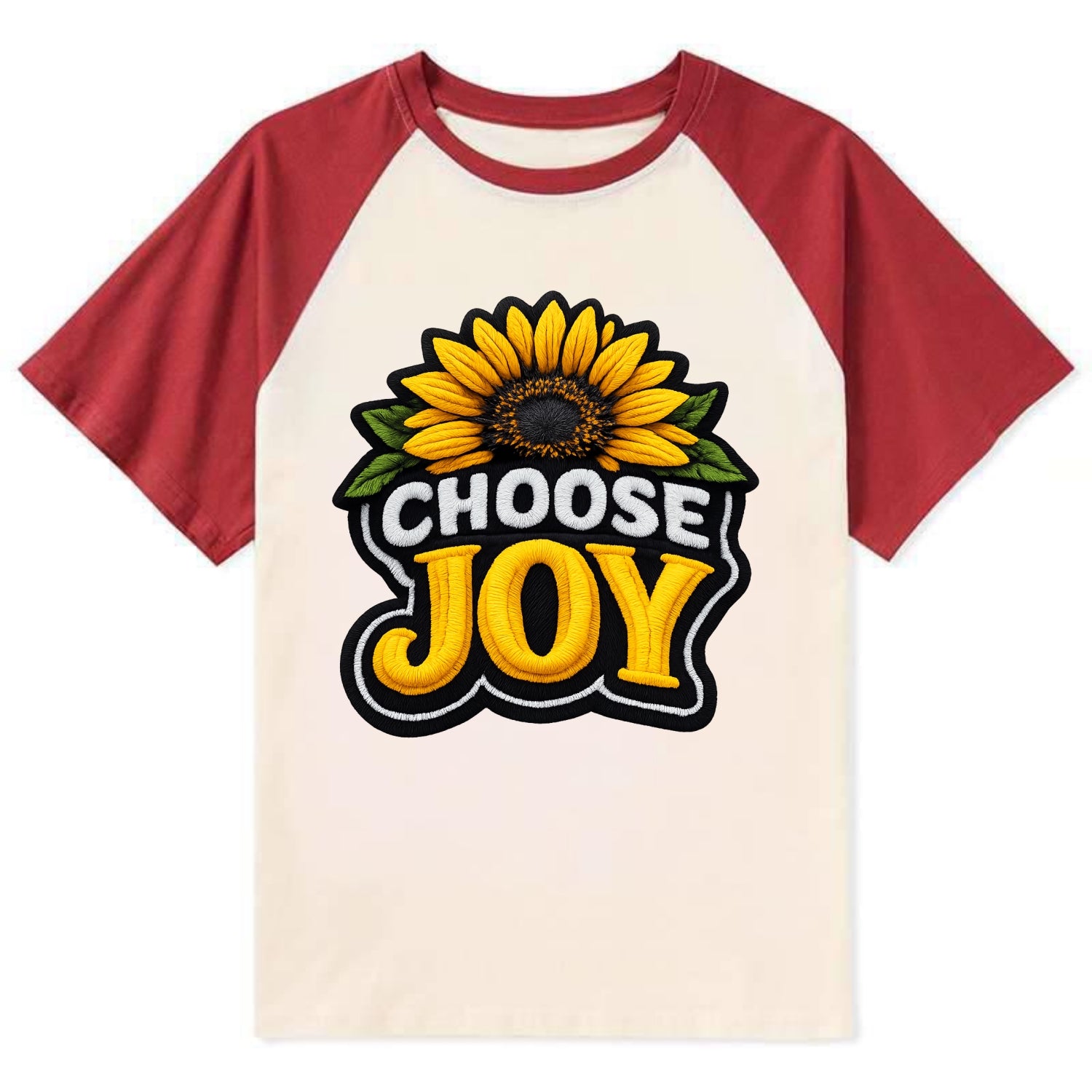 CHOOSE JOY - sunflower with text in yellow , happiness choice - Contrast Raglan T-shirt - Red