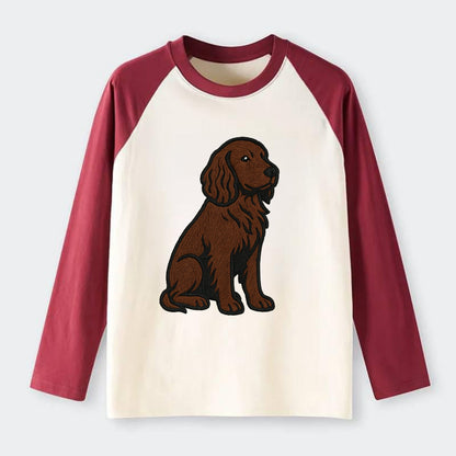 Field Spaniel - Liver colored embroidered sitting design - Raglan Long Sleeve T-Shirt - Red