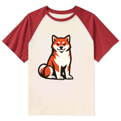 Sitting Shiba Inu Emblem - Contrast Raglan T-shirt - Red