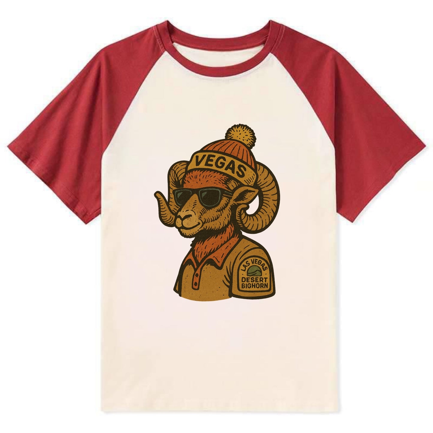 Las Vegas Desert Bighorn wearing Vegas beanie with pom pom and wayfarer - Contrast Raglan T-shirt - Red
