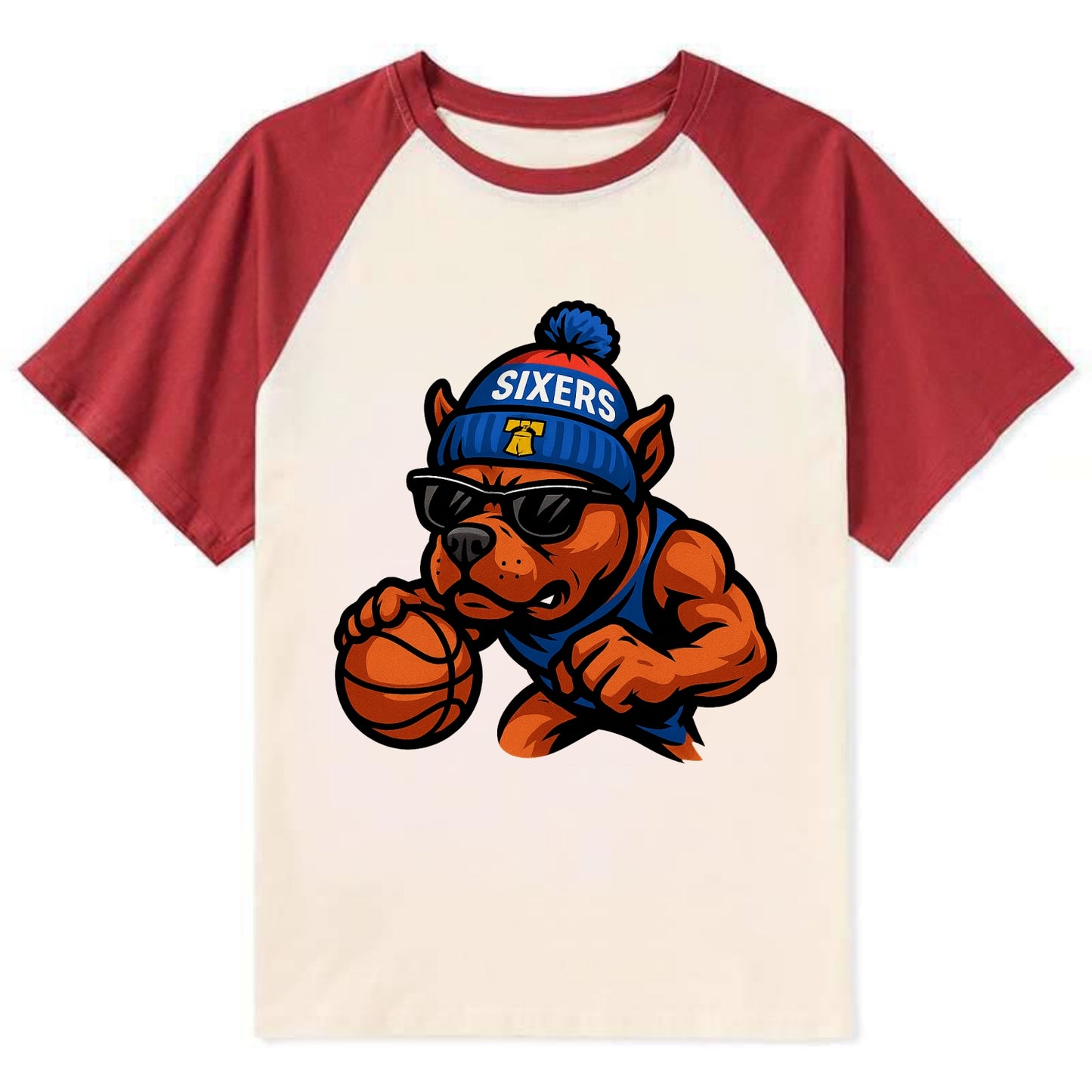 Philly Pitbull wearing Sixers beanie with Liberty Bell and wayfarer - Contrast Raglan T-shirt - Red