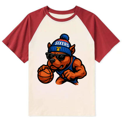Philly Pitbull wearing Sixers beanie with Liberty Bell and wayfarer - Contrast Raglan T-shirt - Red