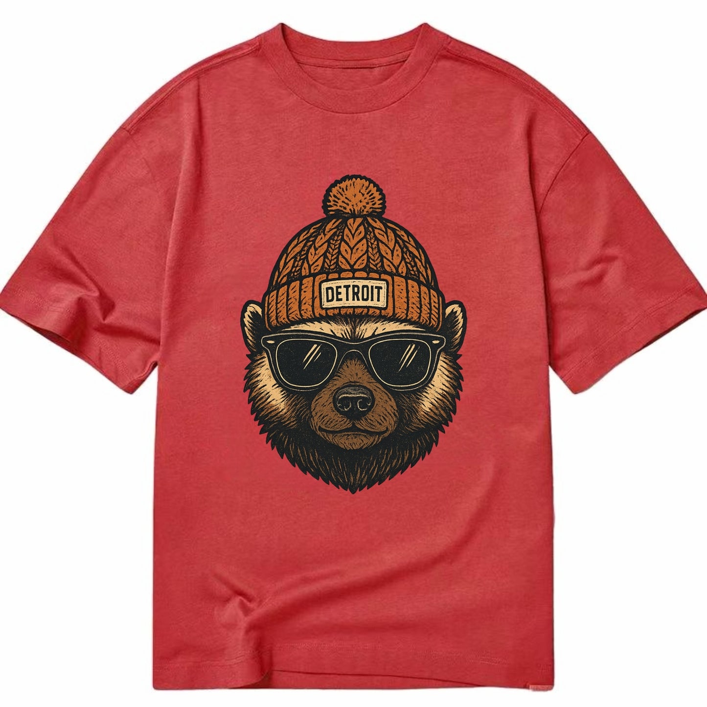 Detroit Wolverine wearing Detroit beanie with pom pom and wayfarer sunglasses - Classic T-shirt - Red