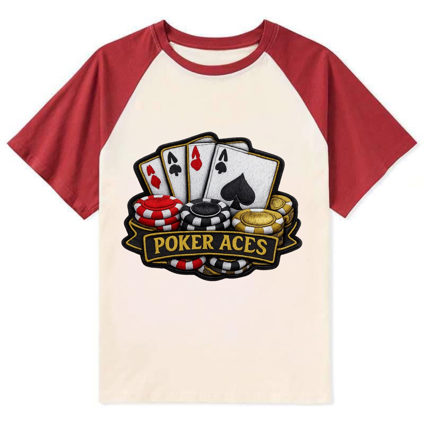 Embroidered patch design - POKER ACES - four aces with chips in red, - Contrast Raglan T-shirt - Red