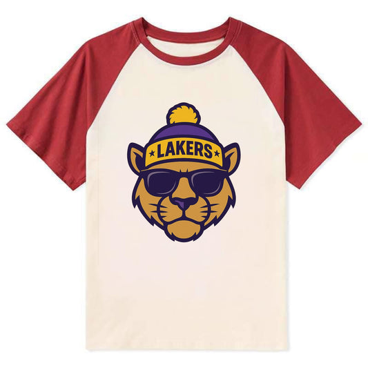 LA Mountain Lion wearing Lakers purple and gold beanie with championship - Contrast Raglan T-shirt - Red