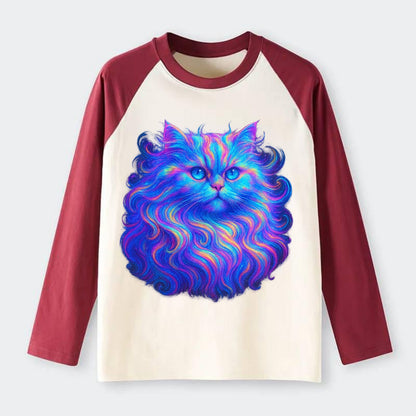 Luxurious Persian cat with flowing fur that refracts into rainbow - Raglan Long Sleeve T-Shirt - Red