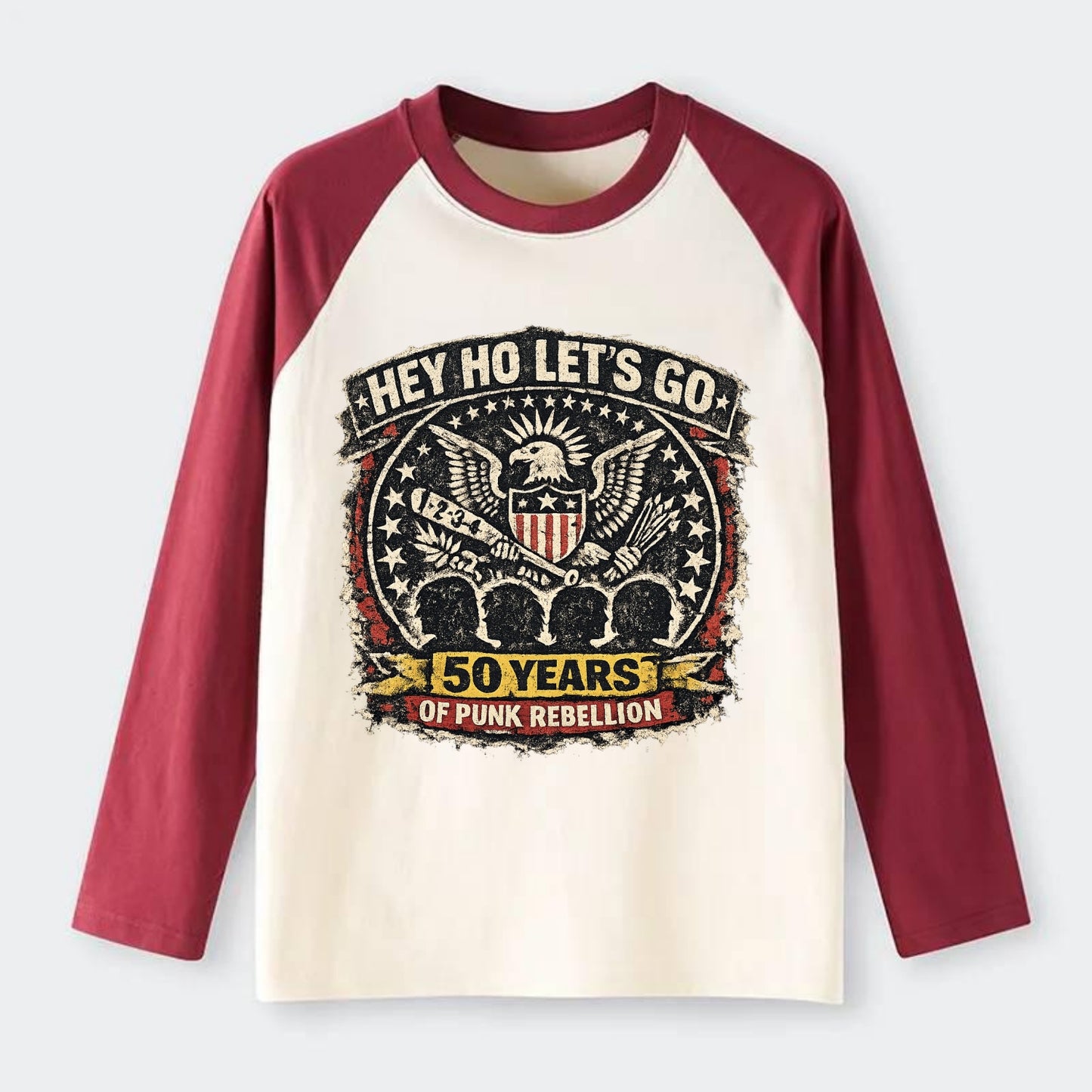 RAMONES LEGACY | Hey Ho Let's Go typography | Presidential seal parody - Raglan Long Sleeve T-Shirt - Red