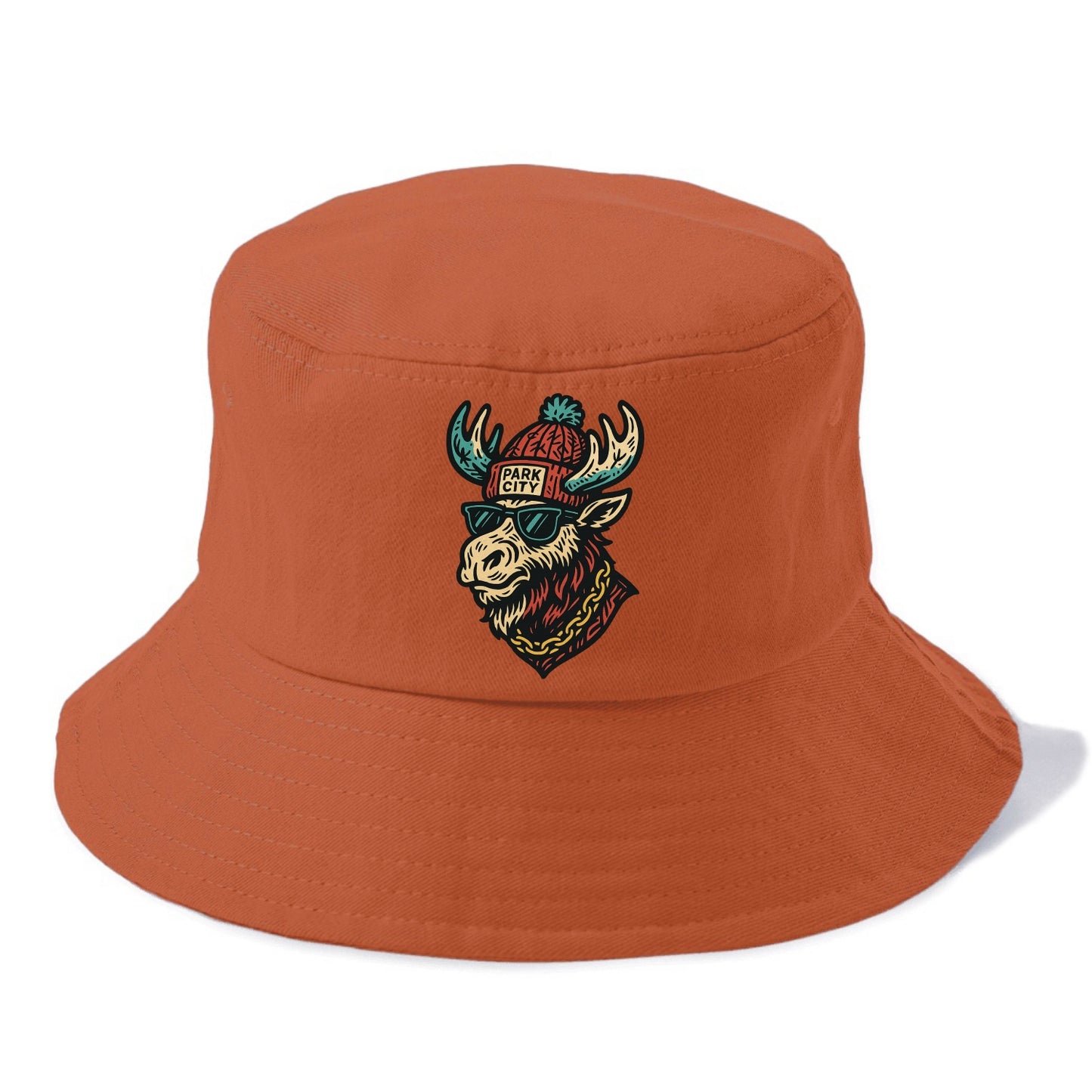 Park City Moose wearing Park City beanie with pom pom and wayfarer sunglasses - Bucket Hat - Red