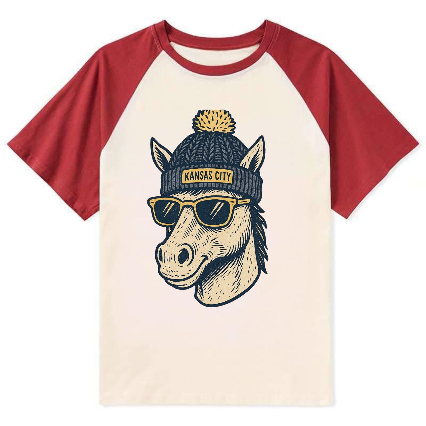 Missouri Mule wearing Kansas City beanie with pom pom and wayfarer - Contrast Raglan T-shirt - Red