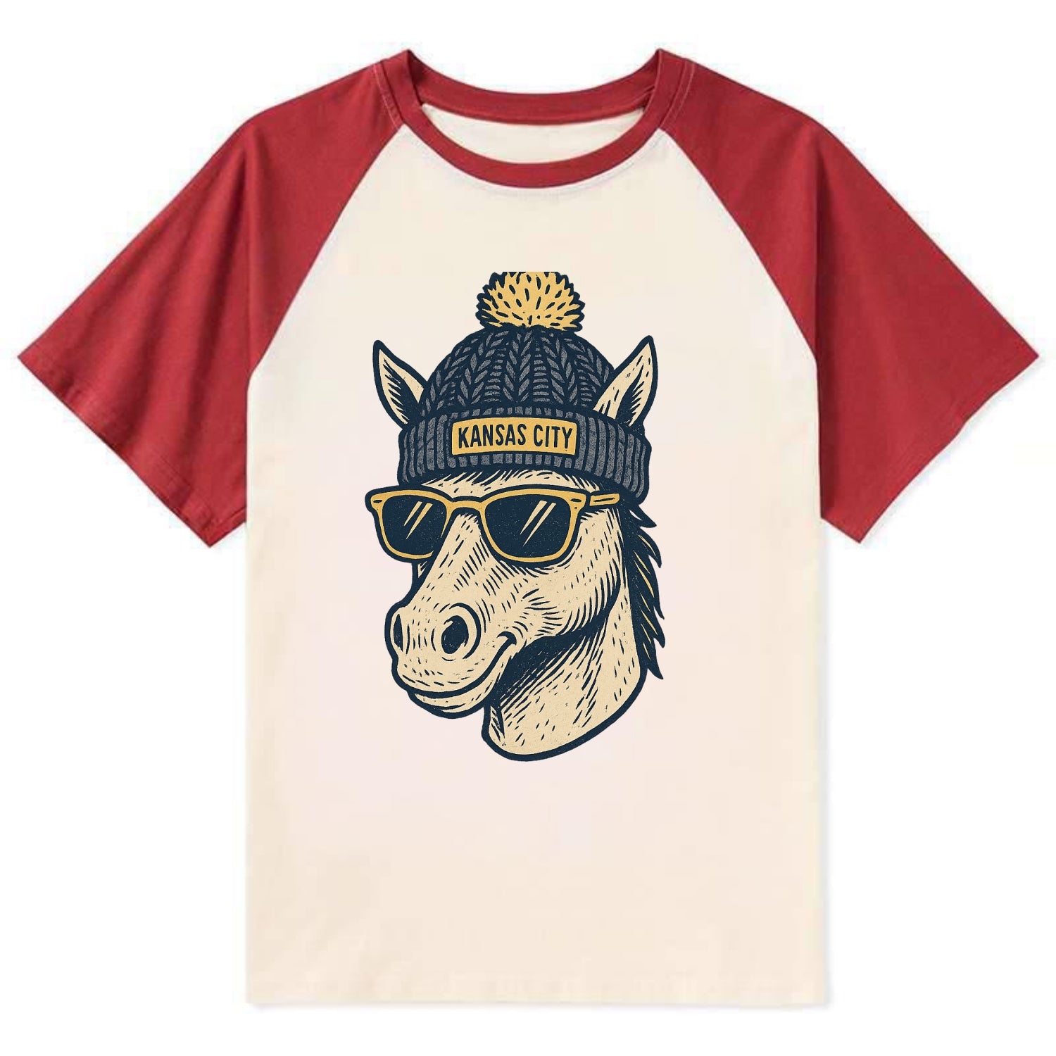 Missouri Mule wearing Kansas City beanie with pom pom and wayfarer - Contrast Raglan T-shirt - Red