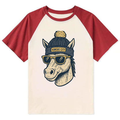 Missouri Mule wearing Kansas City beanie with pom pom and wayfarer - Contrast Raglan T-shirt - Red