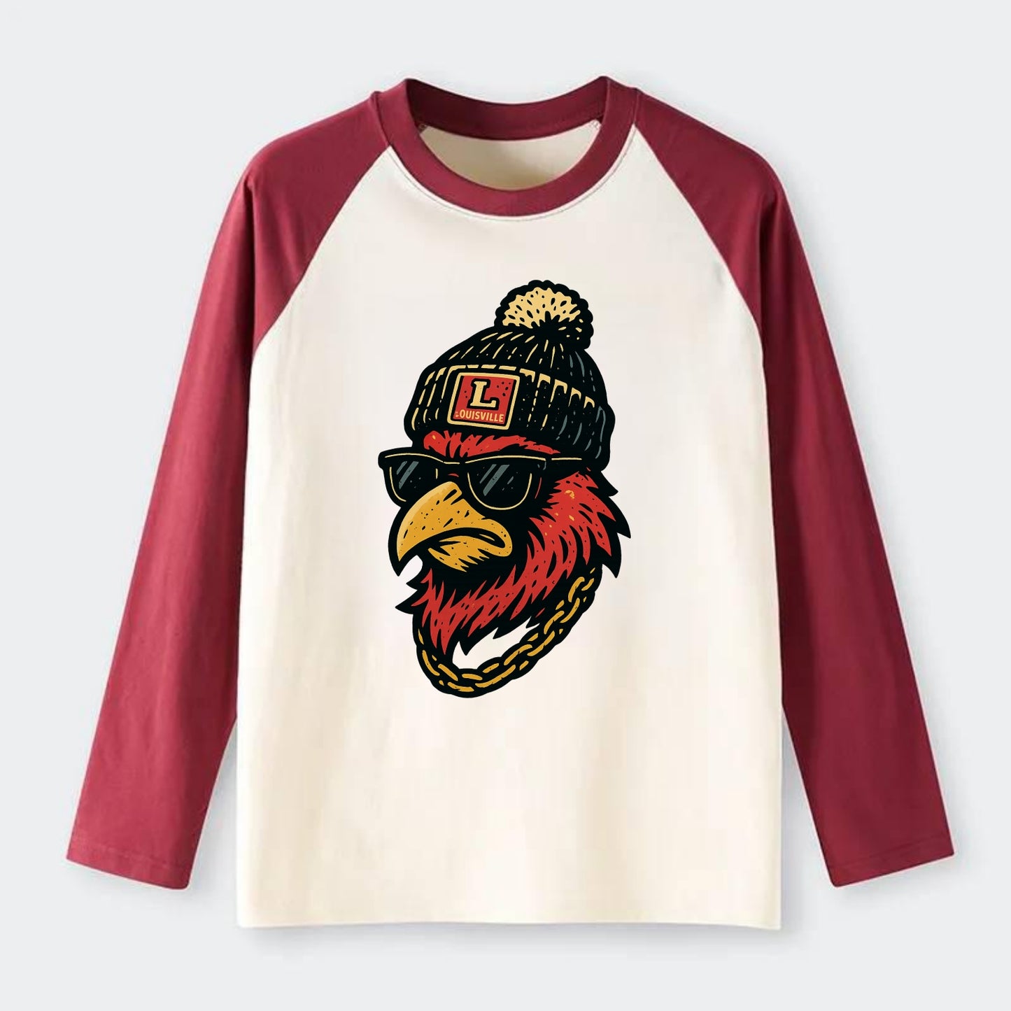 Louisville Cardinal wearing Louisville beanie with L patch - Raglan Long Sleeve T-Shirt - Red