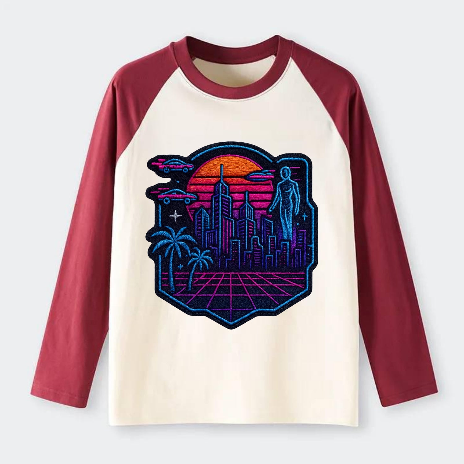 Cyberpunk City - Raglan Long Sleeve T-Shirt - Red
