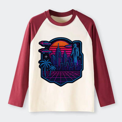 Cyberpunk City - Raglan Long Sleeve T-Shirt - Red