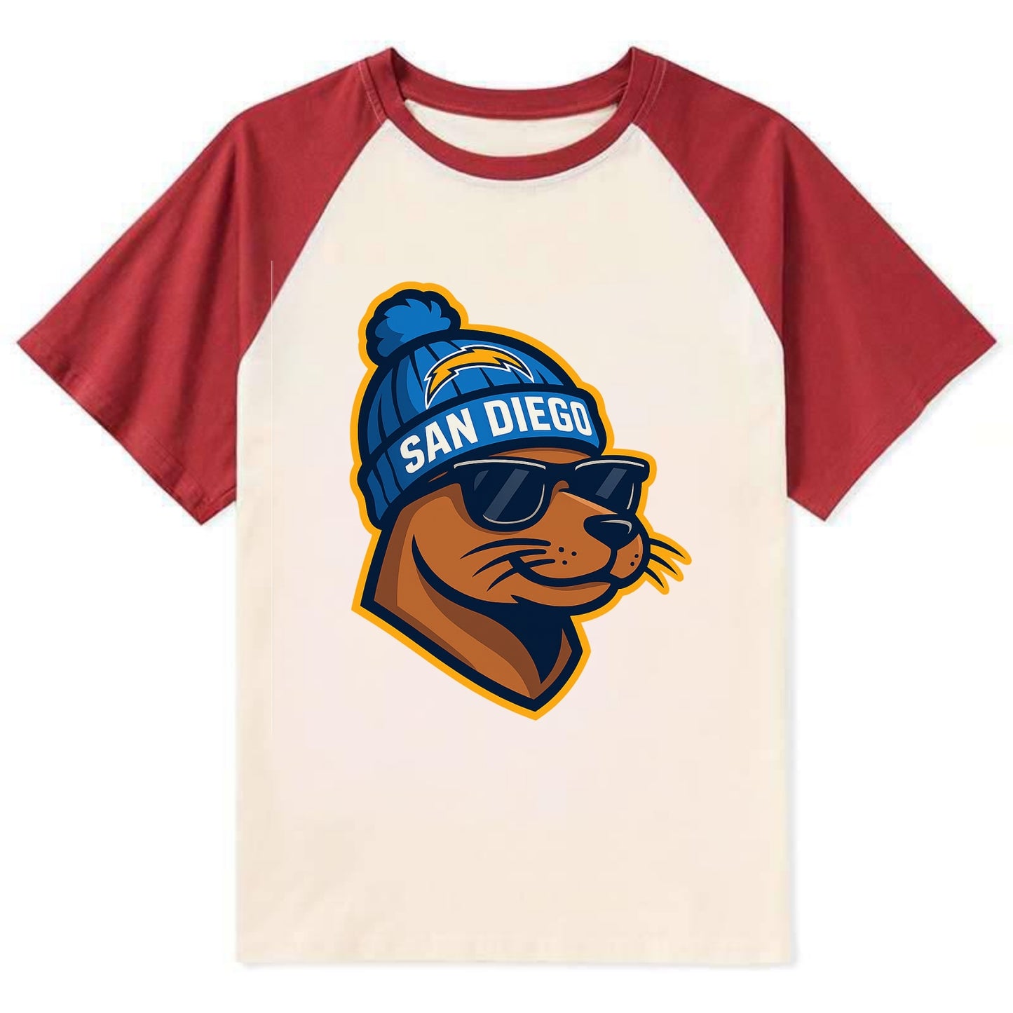 San Diego Sea Lion wearing Chargers beanie with bolt patch and wayfarer - Contrast Raglan T-shirt - Red